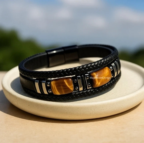 Black leather tiger eye stone - eye,